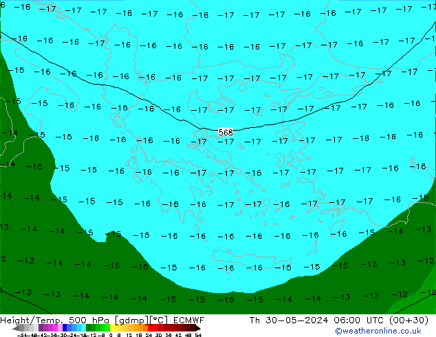 Height/Temp. 500 hPa ECMWF czw. 30.05.2024 06 UTC