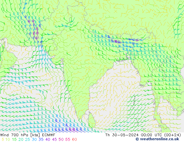 Wind 700 hPa ECMWF Čt 30.05.2024 00 UTC