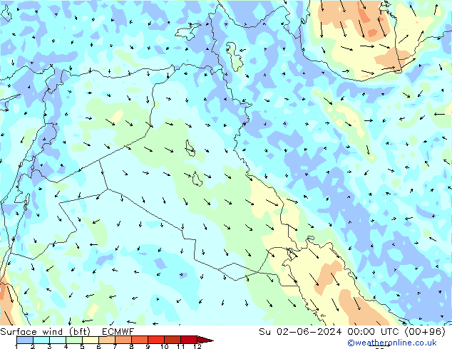 Rüzgar 10 m (bft) ECMWF Paz 02.06.2024 00 UTC