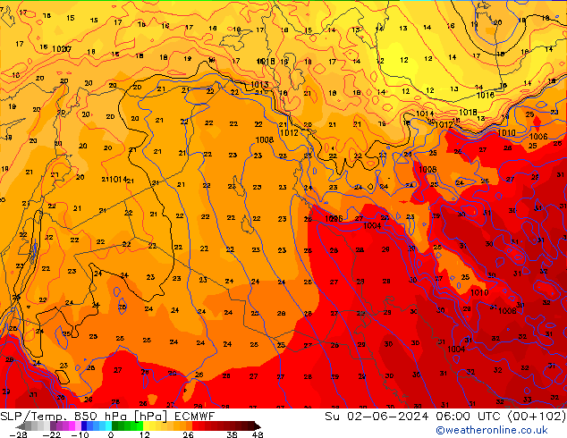 SLP/Temp. 850 hPa ECMWF zo 02.06.2024 06 UTC