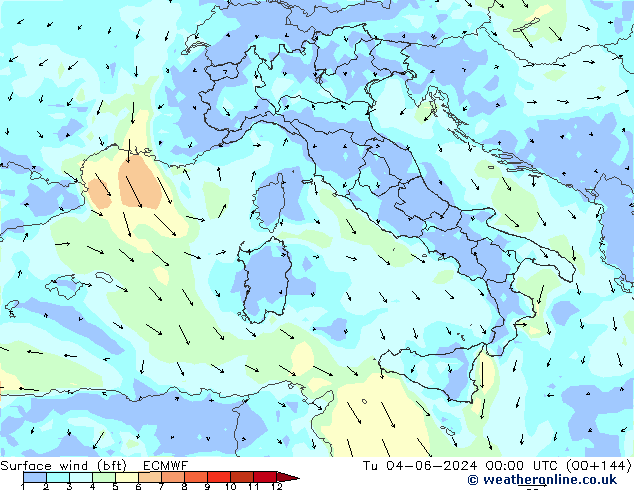 wiatr 10 m (bft) ECMWF wto. 04.06.2024 00 UTC