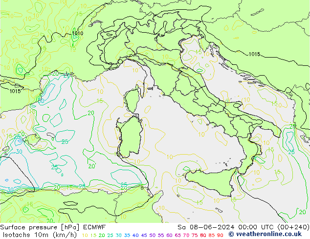 Isotachen (km/h) ECMWF Sa 08.06.2024 00 UTC