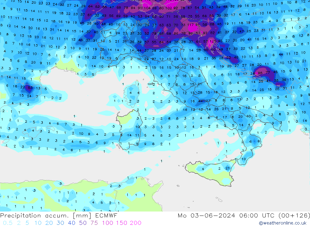 Precipitation accum. ECMWF Mo 03.06.2024 06 UTC