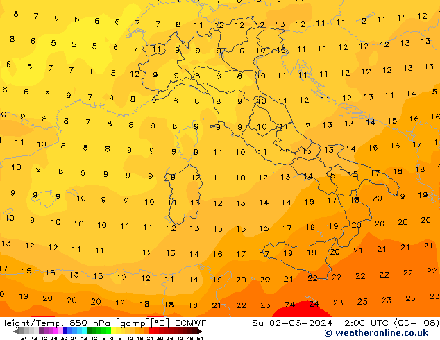 Height/Temp. 850 hPa ECMWF dom 02.06.2024 12 UTC