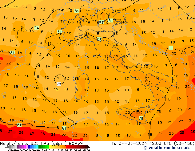 Hoogte/Temp. 925 hPa ECMWF di 04.06.2024 12 UTC