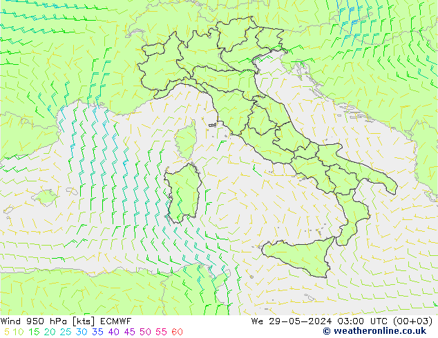 Vento 950 hPa ECMWF Qua 29.05.2024 03 UTC