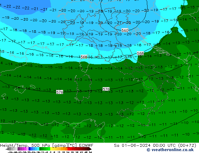 Height/Temp. 500 hPa ECMWF so. 01.06.2024 00 UTC