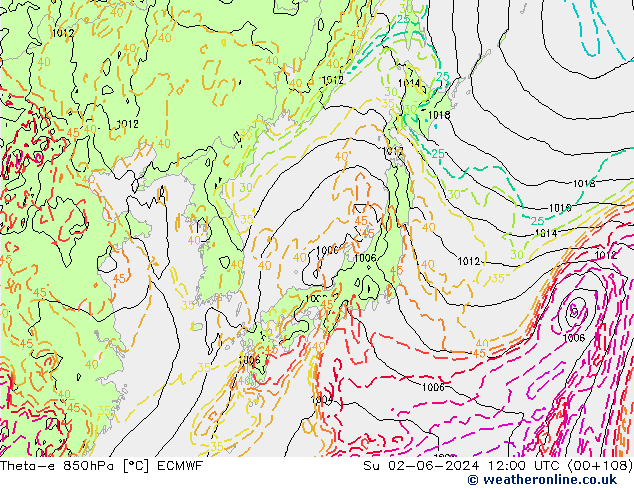 Theta-e 850hPa ECMWF Su 02.06.2024 12 UTC