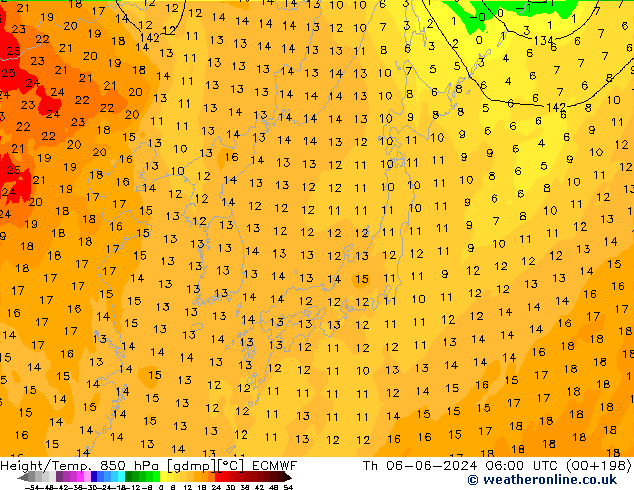 Hoogte/Temp. 850 hPa ECMWF do 06.06.2024 06 UTC