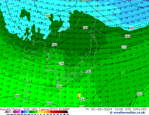 Z500/Rain (+SLP)/Z850 ECMWF jue 30.05.2024 12 UTC