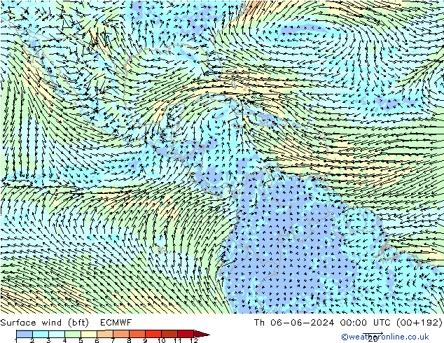 Surface wind (bft) ECMWF Th 06.06.2024 00 UTC