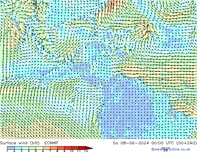 ве�Bе�@ 10 m (bft) ECMWF сб 08.06.2024 00 UTC