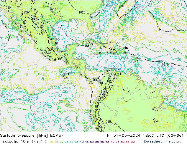 Isotachs (kph) ECMWF Pá 31.05.2024 18 UTC