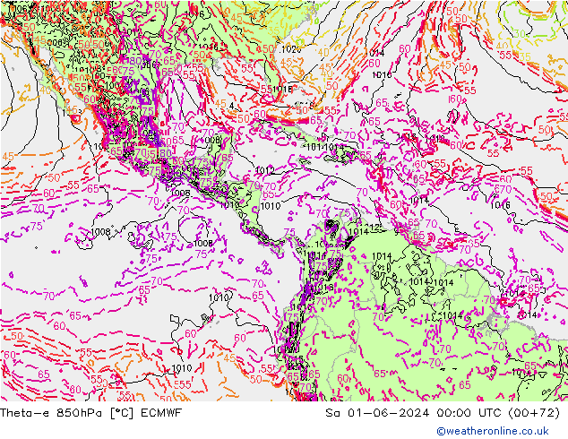 Theta-e 850hPa ECMWF za 01.06.2024 00 UTC