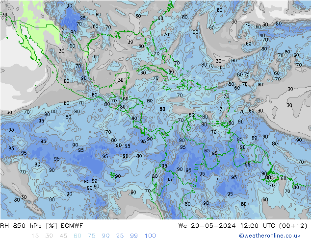 Humedad rel. 850hPa ECMWF mié 29.05.2024 12 UTC