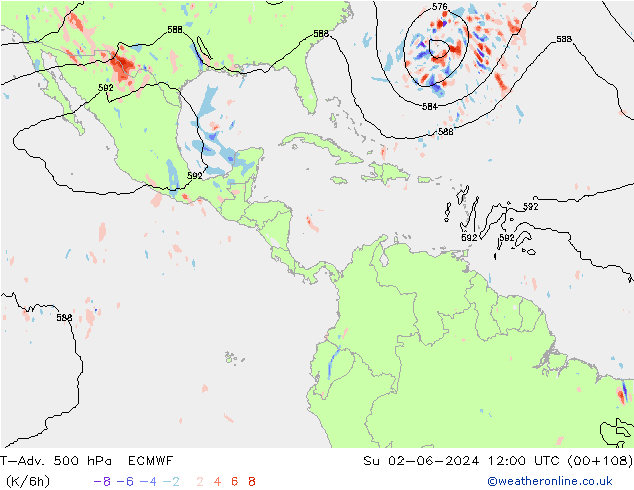 T-Adv. 500 hPa ECMWF Ne 02.06.2024 12 UTC