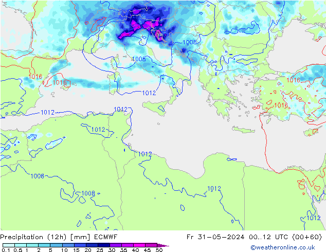 Totale neerslag (12h) ECMWF vr 31.05.2024 12 UTC