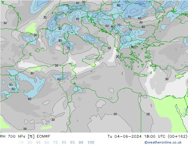 RH 700 hPa ECMWF Tu 04.06.2024 18 UTC