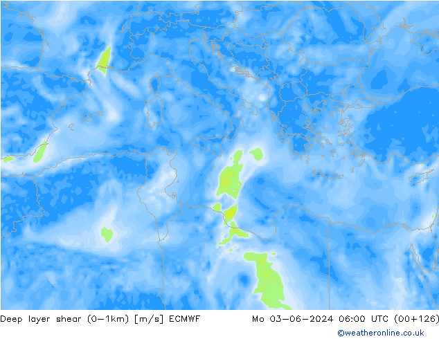 Deep layer shear (0-1km) ECMWF Mo 03.06.2024 06 UTC