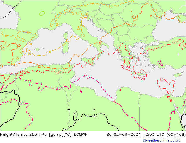 Height/Temp. 850 hPa ECMWF dom 02.06.2024 12 UTC