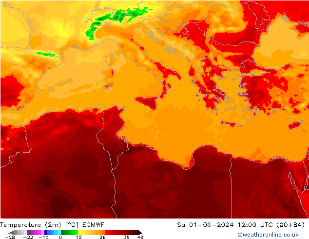 Temperature (2m) ECMWF Sa 01.06.2024 12 UTC