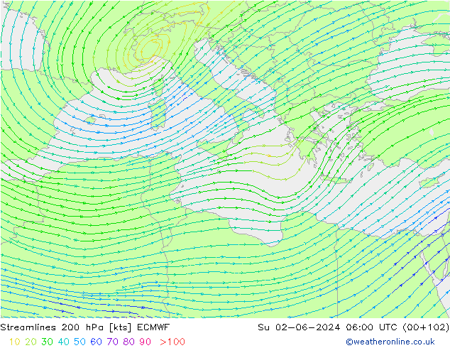 Linea di flusso 200 hPa ECMWF dom 02.06.2024 06 UTC