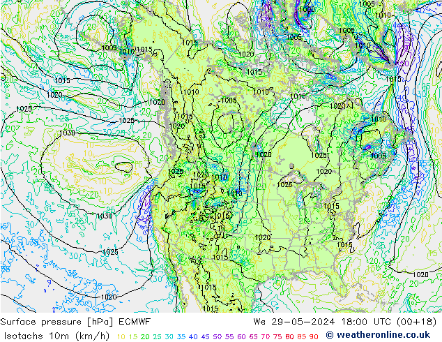 Isotachs (kph) ECMWF  29.05.2024 18 UTC