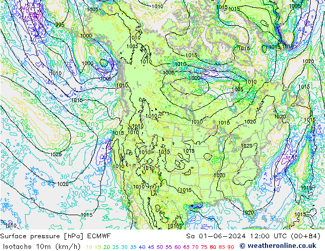 Isotachs (kph) ECMWF Sáb 01.06.2024 12 UTC