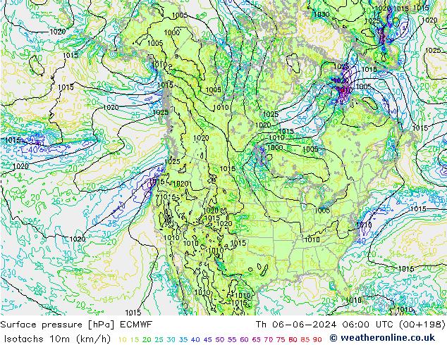 Isotachs (kph) ECMWF чт 06.06.2024 06 UTC