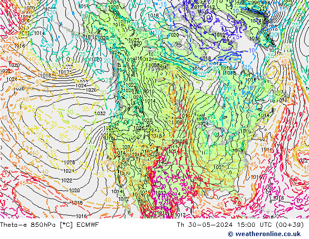 Theta-e 850hPa ECMWF Čt 30.05.2024 15 UTC