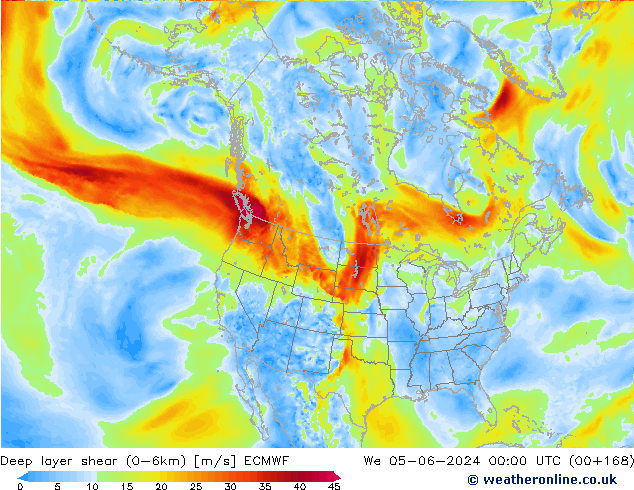 Deep layer shear (0-6km) ECMWF Mi 05.06.2024 00 UTC