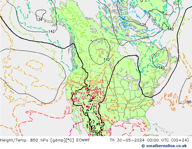 Z500/Rain (+SLP)/Z850 ECMWF Čt 30.05.2024 00 UTC