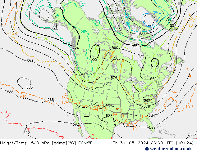 Z500/Rain (+SLP)/Z850 ECMWF Čt 30.05.2024 00 UTC