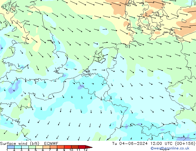 Surface wind (bft) ECMWF Tu 04.06.2024 12 UTC