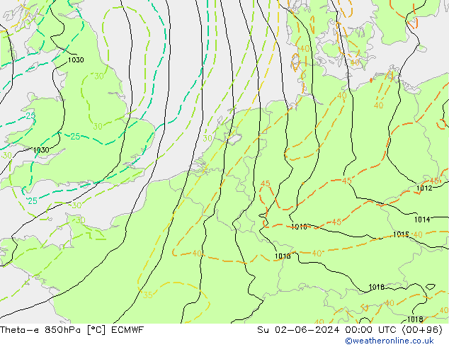 Theta-e 850hPa ECMWF Su 02.06.2024 00 UTC