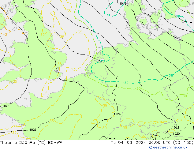 Theta-e 850hPa ECMWF Út 04.06.2024 06 UTC