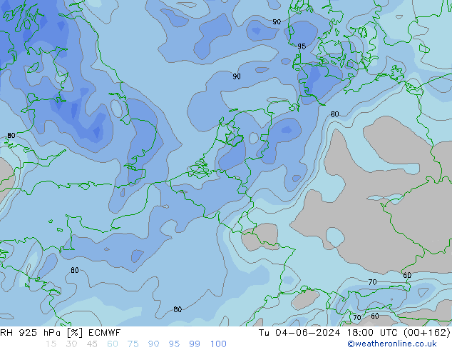 Humidité rel. 925 hPa ECMWF mar 04.06.2024 18 UTC