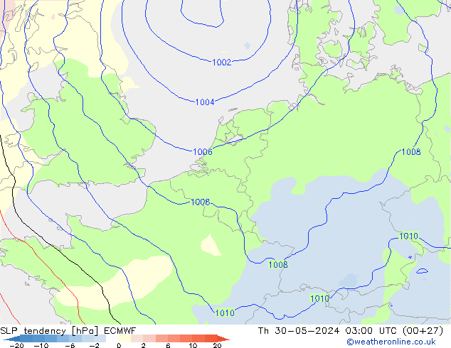 SLP tendency ECMWF Th 30.05.2024 03 UTC