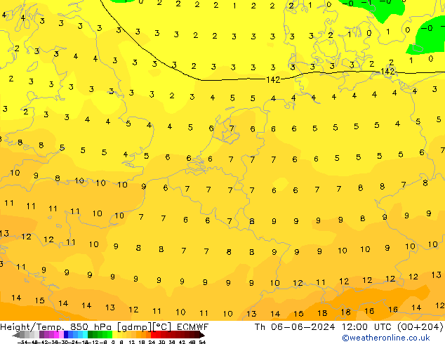 Géop./Temp. 850 hPa ECMWF jeu 06.06.2024 12 UTC