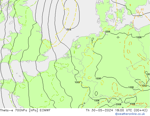 Theta-e 700hPa ECMWF Per 30.05.2024 18 UTC