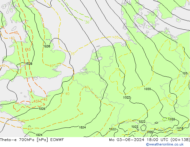 Theta-e 700hPa ECMWF Po 03.06.2024 18 UTC