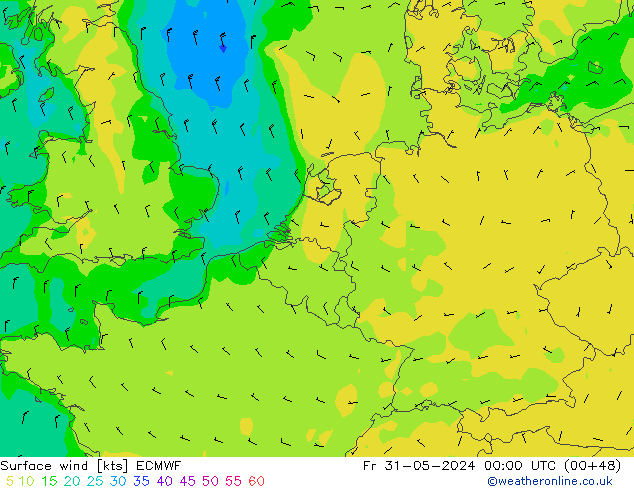 wiatr 10 m ECMWF pt. 31.05.2024 00 UTC