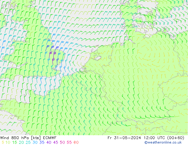 Wind 850 hPa ECMWF Pá 31.05.2024 12 UTC