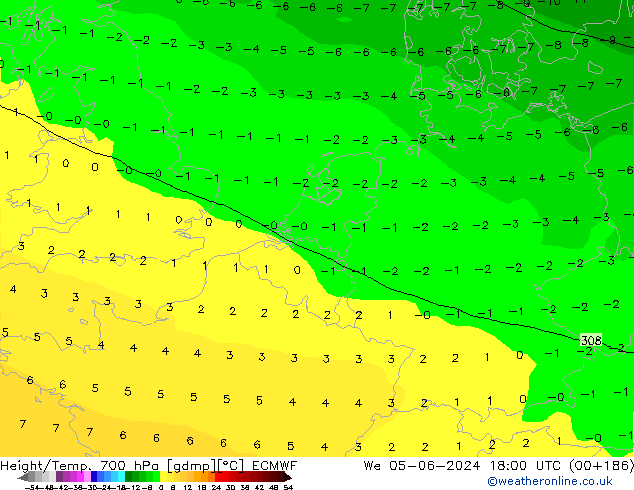 Height/Temp. 700 hPa ECMWF Qua 05.06.2024 18 UTC