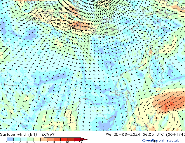 Wind 10 m (bft) ECMWF wo 05.06.2024 06 UTC