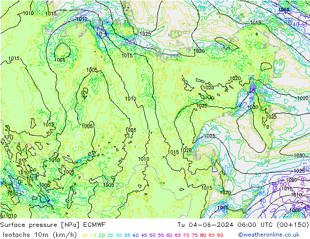 Isotachs (kph) ECMWF Tu 04.06.2024 06 UTC