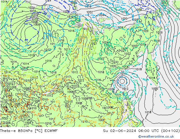 Theta-e 850hPa ECMWF nie. 02.06.2024 06 UTC