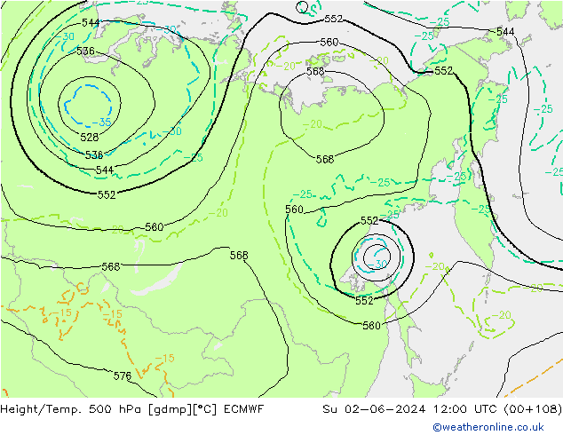 Z500/Regen(+SLP)/Z850 ECMWF zo 02.06.2024 12 UTC