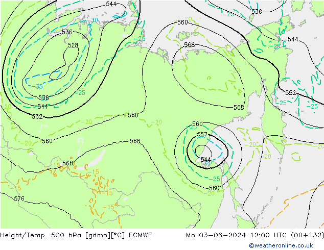 Hoogte/Temp. 500 hPa ECMWF ma 03.06.2024 12 UTC