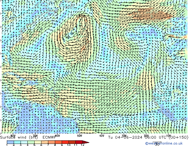 Vento 10 m (bft) ECMWF mar 04.06.2024 06 UTC